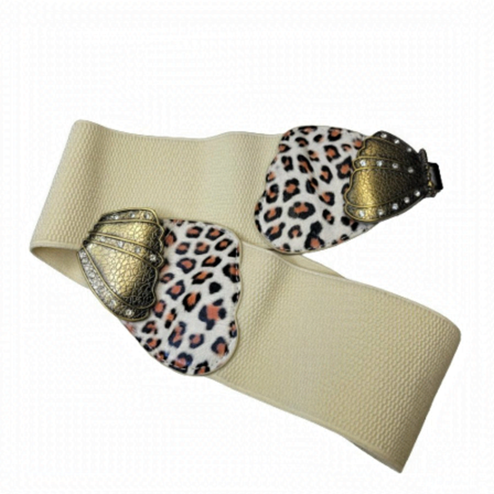 BUTTERFLY Belt Cream Animal Print Elastic Band Antique Gold Tone Buckle